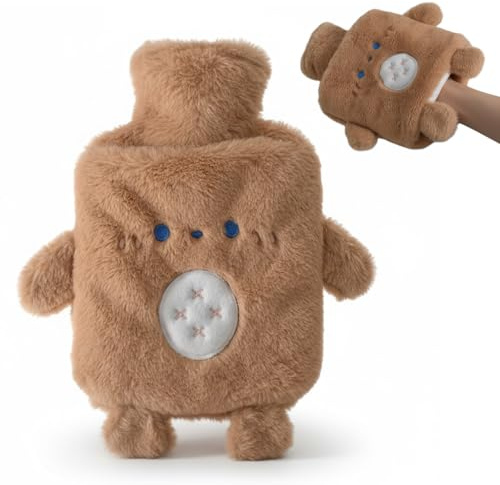 Bouillotte Eau Chaude, 1L Bouillote Peluche Chauffante avec Poche Kangourou, Caoutchouc Naturel, Cute Bouillotte Bébé, Soulager la Douleur, Rester au Chaud pour Hiver - Pour Enfants Adultes (Marron)