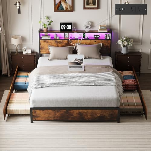 VINGLI Full Platform with 4 Storage Drawers and Headboard, Metal Double Bed with Charging Station and LED Lights, No Box Spring Needed, Noise Free, Easy Assembly, Vintage Brown