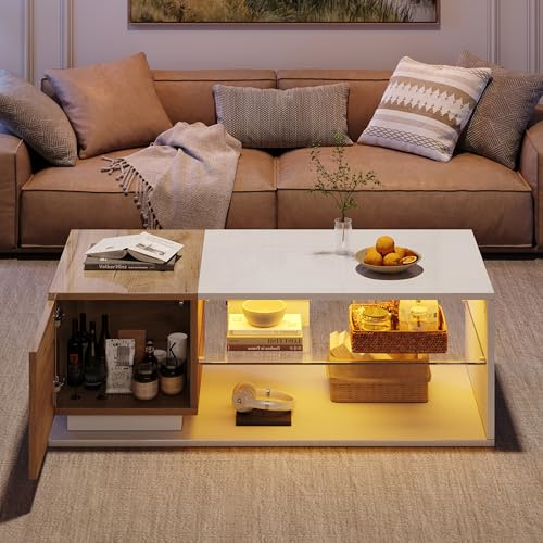 SURUEO Coffee Table with Open Storage, High Gloss Centre Table with Glass Shelves, Sofa Side Table with 1door, Coffee End Table with LED for Living Room, Office, 105*50*33cm, White+wood, MDF + Glass