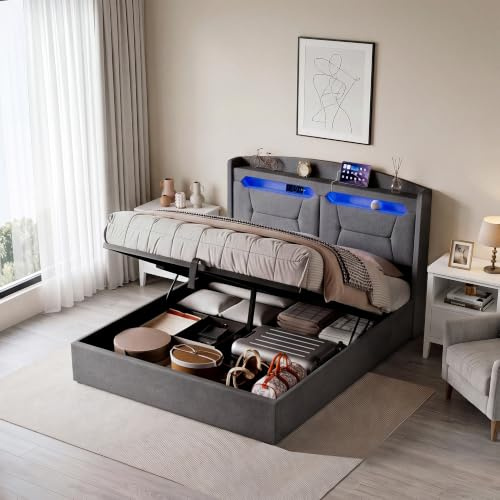 BPKADHY Polsterbett 140x200 mit LED, Doppelbett mit Stauraum und USB Kopfteil,Hydraulische Stauraumbett Jugendbett Bettgestell mit Bettkasten und Lattenrost,Leinen, Hellgrau, Ohne Matratze