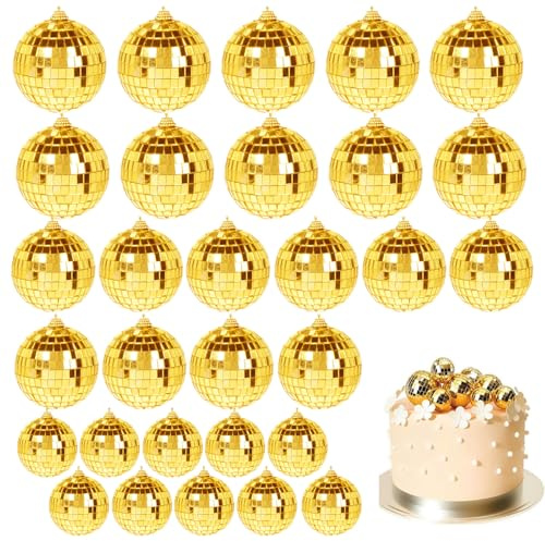 Mirror Disco Ball, 30PCS Golden Glitter Ball, 3 Sizes Disco Ball Golden Hanging, Reflective Mirror Ball Glass, Mini Disco Balls for Disco Party Wedding Birthday Decoration
