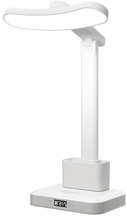 Litinliv Dimmbare LED Schreibtischlampe Kabellos, 3 Farbtemperaturen Stufenlos Dimmen, LED Uhr, Touch Steuerung, Augenschutz Flimmerfrei, für Kinder Büro Schlafzimmer (Einzellampenfassung)