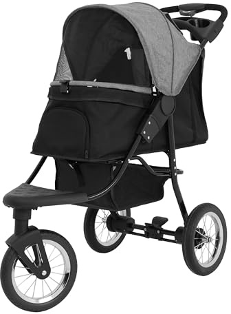 3-hjulig Husdjursvagn Jogger | Punkteringsfria 30 cm Hjul | Hopfällbar | Justerbar Sufflett & Regnskydd | Vadderad Insida | För Hund & Katt Upp till 22 kg