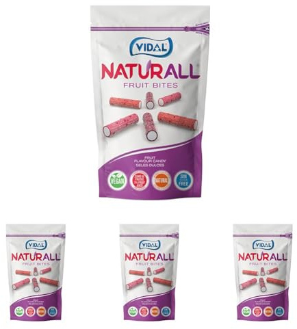 Vidal Golosinas. Naturall Fruit Bites. Regaliz relleno pica, vegano, con zumo y sin gluten. Con colorantes y aromas naturales y trocitos de frutas. Sabor frambuesa, grosella y fresa. Doypack 180 g.