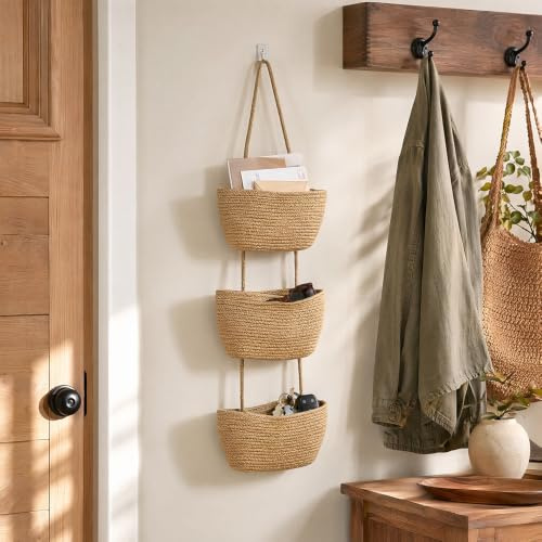XEERUN Hängeorganizer Organizer Wand Organizer, 3-stufiger Hängeorganizer Geflochten Korb Hängend, Hängekorb aus Baumwollseil gewebt, Für Wohnzimmer, Schlafzimmer, Bad (Khaki)