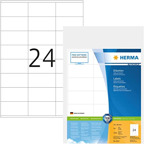 HERMA 4414 Adressetiketten, 500 Blatt, 70 x 36 mm, 24 pro A4 Bogen, 12000 Stück, selbstklebend, bedruckbar, matt, blanko Papier Adressaufkleber Etiketten, weiß
