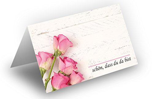 100 Tischkarten (Rosenstrauß-Rosa-Holz-Hintergrund) UV-Lack glänzend - für Hochzeit, Geburtstag, Taufe, Kommunion, Firmung, Jubiläum als liebevolle Tischdekoration!Format 8,5 x 11,2 cm
