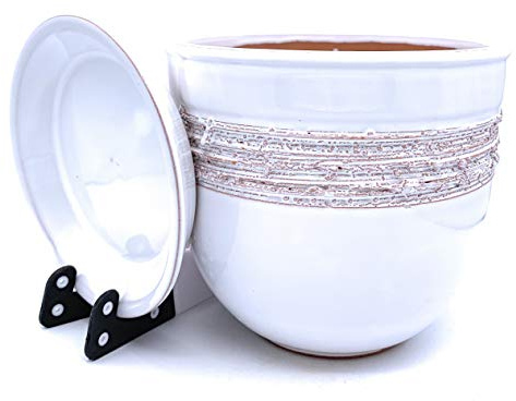 Sun Cakes Pot de Fleurs Rond en Terre Cuite émaillée avec Soucoupe, bac d'égouttement, Couleur Argile (14 cm x 12 cm, Blanc)