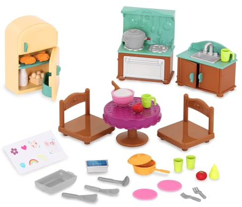 Li’l Woodzeez Landhausküche, Puppenhaus-Küchenmöbel mit Zubehör | 30-teiliges Set mit Kühlschrank, Herd, Spüle, Tisch, 2 Stühlen, Kochgeschirr, Spiellebensmitteln und Stickerbogen, 3+ Jahre