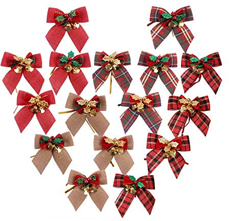 Feelava Weihnachtsschleifen, 16 Stück Sackleinen Band Schleifen für Weihnachtsbaum, Weihnachtsschleifen mit Glöckchen für Urlaub, Geburtstag, Hochzeit, Party, Dekoration für Weihnachtsbaum