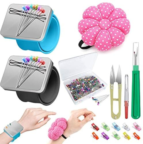 ICNOW 17-pack kit med systift, 2 st magnetisk armbandskudde och pumpa handledsnålkudde, 200 st quiltningsstift, raka stift, 10 st syklämmor, 2 st sömrippare, sömnad sax