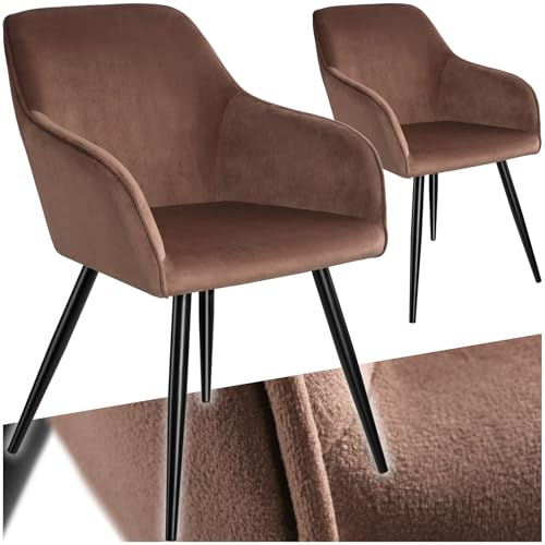tectake® 2er Set Esszimmer Stuhl, Esszimmerstühle mit Sitzfläche aus Samt, Armlehnstuhl, Sessel Wohnzimmer, gepolsterter Bürostuhl, Schminktisch Stuhl, gemütlicher Küchenstuhl - braun/schwarz