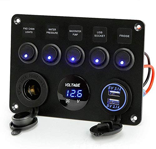 GIDREN 12V/24V 4.2A Schalter Panel IP65 Wasserdichte Dual-USB-Ladegerät LED Voltmeter Zigarettenanzünder 5 Kippschalter EIN/AUS für Auto Marine Boot Wohnmobil Fahrzeuge LKW