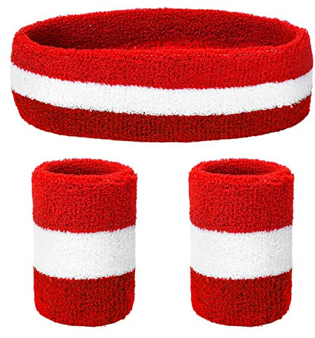 Yolev Schweißband 3 Stück Schweissband Set Sport Stirnband Schweißband Handgelenk Set Rot Weiß Gestreiftes Sport Lauf Fitness Zubehör für Herren und Damen