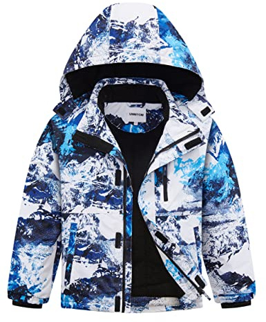 UMMTOM Boys Waterproof Ski Jacket Fleece Lined Warm Winter Snow Coat Hooded Winter Jacket for Kids(White Blue,11-12)