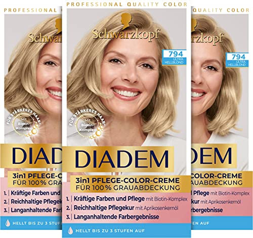 Schwarzkopf Diadem 3 in 1 Pflege-Color-Creme 794 Ultra Hellblond Stufe 3 (3 x 170 ml), permanente Haarfarbe, Haarpflege-Formel für gesund aussehende Ergebnisse, 100 % Grauabdeckung