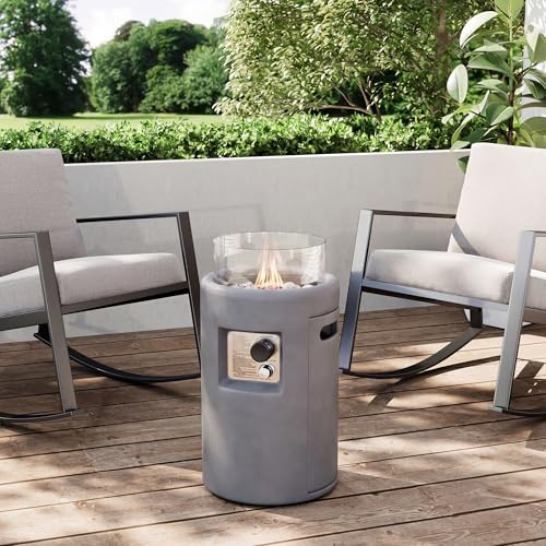 SUNBURY Outdoor Gas Fire Column, 40,000 BTU Propane Fire Pit for Patio Party & Gathering, Compact Flame Heater with Lava Rocks, Waterproof Cover for Yard & Deck Ambiance (Grey)