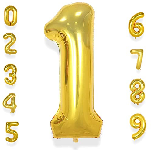 Gold Large Number 1 Balloons: 40 Inch Giant Foil Number Mylar Balloon Age 0-9 Big Helium Balloon for 1st Birthday Party Baby Shower Decorations