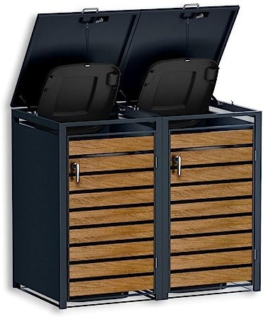 Metzler Mülltonnenbox in Anthrazit & Holzoptik 2er 240L, Mülltonnenverkleidung 2 Tonnen, witterungsbeständiger und pulverbeschichteter Stahl mit Automatikdeckel, abschließbar, Garten- und Müllbox