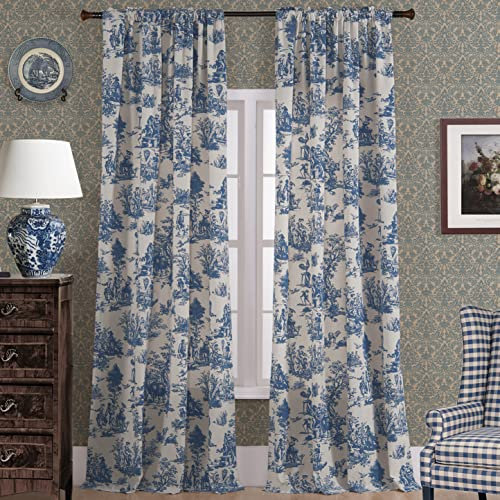 Royal Blue Curtains 108 Inches Long for Living Room,Spring Nautical French Country Toile de Jouy Vintage Floral Pattern Print 108L Drapes Light Filtering Patio Door Curtain for Sliding Door,White Blue