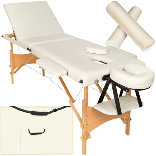 tectake® Table de Massage Pliante Professionnelle 3 Zones Ergonomique Massage et Relaxation Bois Table Esthetique Professionnel Lit de Massage Portable, Accessoires & Housse de Transport - Beige