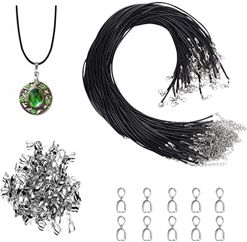 MIPIACE 120 Stück Lederband Kette mit Verschluss Schwarze Gewachste Halskette Schnur Lederkette Ohne Anhänger für Damen Herren DIY Schmuck Zubehör (60 Lederband Kette 50cm, 60 Anhängerschlaufe Ösen)