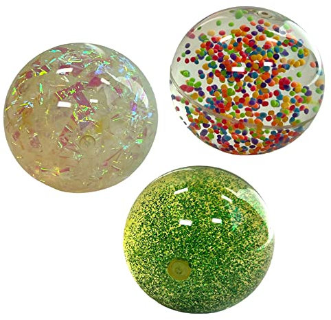BUSDUGA 4214 3er Set Riesengummiball mit 3verschiedenen Füllungen, Ø je ca. 10cm, Wasserball mit Kügelchen, Glitzer oder Fäden Ball
