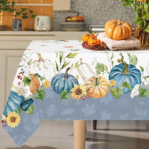 Rechteckige Herbst-Tischdecke, Erntedankfest, Herbsternte, Blauer Kürbis, Sonnenblume, Ahornblatt, Tischdecke, Polyester, wasserdicht, knitterfrei, langlebig, Heimdekoration, 152.4x213.4 cm