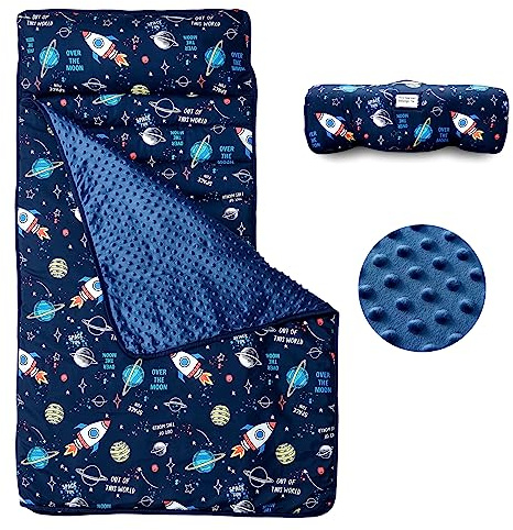 beeweed Toddler Nap Mat, Rollup Design Kid Sleeping Mat with Removable Pillow & Minky Blanket, Toddler Sleeping Bag for Daycare Preschool Travel Camping, Space Ship