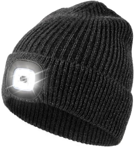Wmcaps Mütze mit Led Licht, Strickmütze mit Licht Männer Geschenke Wiederaufladbare USB Laufmütze mit Licht Extrem Heller 4 LED Lampe Geschenke Männer Frauen Schwarze Hanfasche