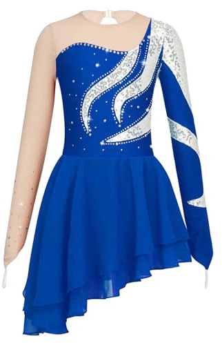 CHICTRY Body Danza Classica Bambina Strass Leotard per Balletto Ballerina Abito Pattinaggio Artistico con Orlo Asimmetrico Abito da Ballo Latino Jazz Dancewear Blu 9-10 Anni