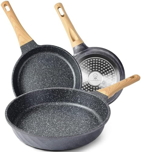 RIOVARM Antiaderente Set di padelle Induzione Set di padelle con manico resistente al calore In granito Padella per omelette senza PFOA In marmo Set di pentole Adatto a vari fornelli 20cm 24cm 28cm