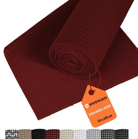 Tappetino Antiscivolo, Rivestimento per Cassetti Cucina, Weewam 30 cm x 600 cm (XXL) Rotolo Antiscivolo EVA non Adesivo, Fodera Protezione interno Mobili Armadio Ripiani Bicchieri Scarpiera - Rosso