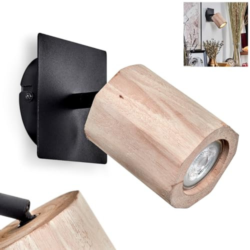 Wandleuchte Postigo, Wandlampe aus Metall/Holz in Schwarz/Natur, Leuchte im modernen Boho-Design mit Schirm aus Holz (Ø 7,5 cm), 1 x G10, ohne Leuchtmittel