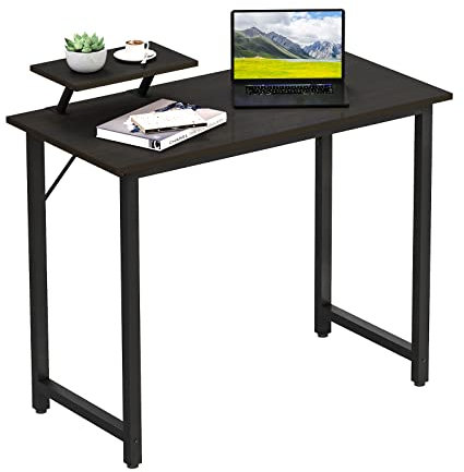 Wohenster Schreibtisch mit Kleiner Abnehmbarem Monitorständer, Gaming Tisch Computertisch,Laptoptisch für Zuhause Büro Wohnzimmer, Tischplatte mit Brauner Holzmaserung, Schwarzer Bürotisch,100x50cm