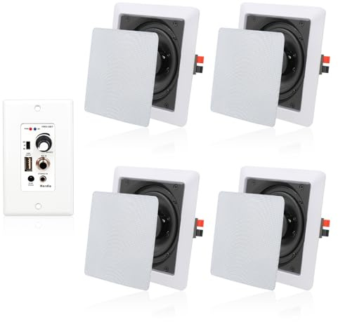 Herdio 5.25 Inches 2-Way Bluetooth Ceiling Speakers with 4 Channel Wall Amplifier, 320W Square in Wall Speaker System for Home Theater Office Kitchen, 2 Pairs