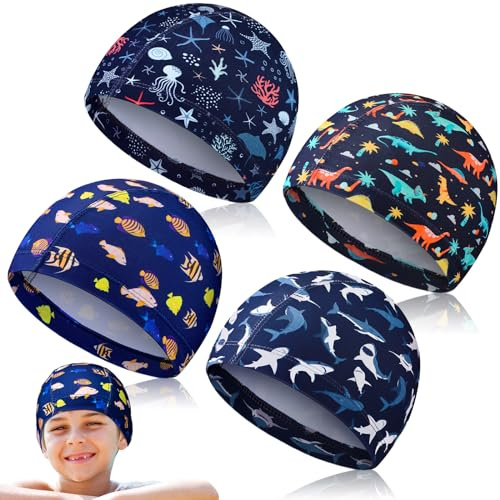Cuffbow 4 Pieces Kids Swim Caps Bathing Swimming Hats Unisex Polyester Bathing Pool Cap Summer Swimming Hats for Boys Girls Toddlers Long Short Hair (Dinosaur, Shark, Fish and Ocean Animals)