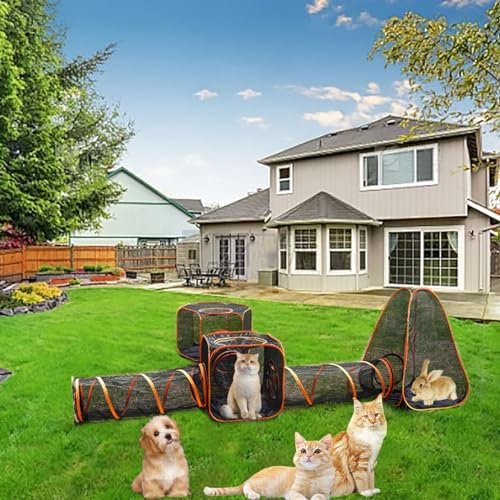Pucaru Tragbarer Großer Katzenlaufstall mit Tunnel, 6-in-1-Katzenzelt-Set für den Außenbereich, Faltbar, für Kaninchen, Frettchen, Welpen