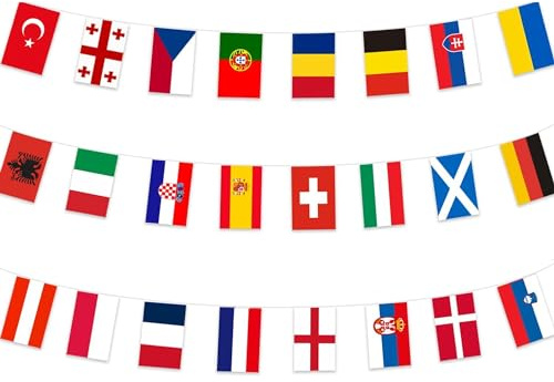 Banderole de fanions de fête de l'Eurovision, drapeaux européens des 24 nations, 7,5 m 14 x 21 cm, décorations de concours Eurovision 2025 pour célébrations nationales, fournitures de fête Eurovision