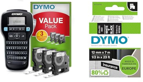 DYMO LabelManager 160 Tragbares Beschriftungsgerät Starter-Set & Original D1-Etikettenband | weiß auf schwarz | 12 mm x 7 m | selbstklebendes Schriftband | für LabelManager-Beschriftungsgerät