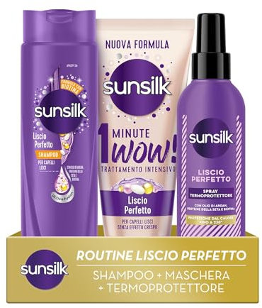 Sunsilk Kit Liscio Perfetto, con Shampoo 250ml, Maschera 1 Minute WOW 180ml e Spray Termoprotettore Capelli 200ml, Anticrespo Capelli, Protegge dal Calore di Phon e Piastra