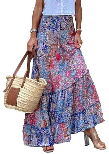 JENJON Mujer Falda Larga Estampada Casual Cintura Alta elástica Boho Floral Tubo Falda de Verano Vestidos de Playa C-Multicolor M
