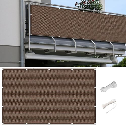 Brise Vue Balcon 0.8 x 5 m Protection UV Opaque Résistant Aux Intempéries Pare-Exterieur Cache Occultant Paravent de Balcon avec Attaches de Câble et Cordons pour Terrasse, ‎Marron
