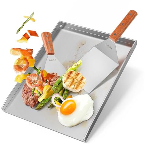 Onlyfire Piastra per Grill in Acciaio Inox con 1 Raschietto per Barbecue e 1 Spatola per Piastra per BBQ a Carbone o a Gas, Accessori per Griglie, 40×30×2.5 cm