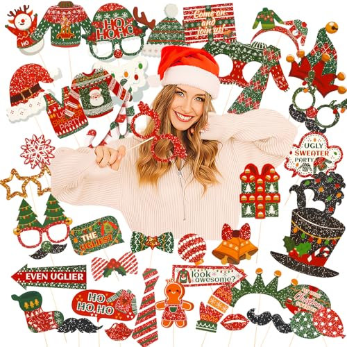 Fotobox Accessoires Weihnachten, 45 STK Fotorahmen Foto Requisiten Weihnachtsparty Deko Weihnachtsfeier Deko Weihnachtsaccessoires Gold Weihnachtsassesoires