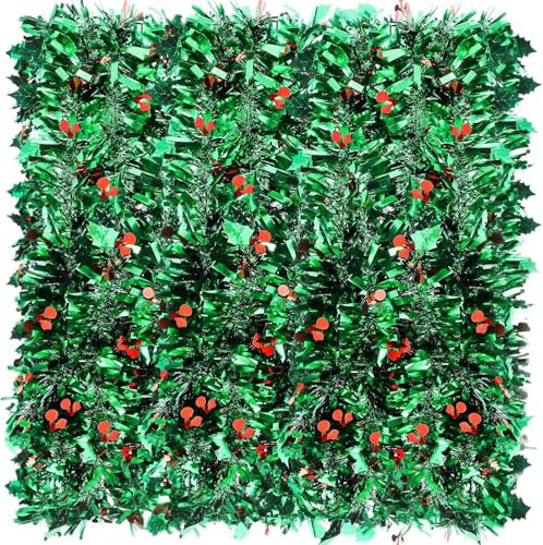 KAHEIGN 10M Guirnalda Navideña de Oropel con Frutos Rojos, 9CM Ancho Oropel Grueso Brillante Metálico con Frutos Rojos y Hojas de Acebo para Navidad Festividades Año Nuevo Fiesta Decoración