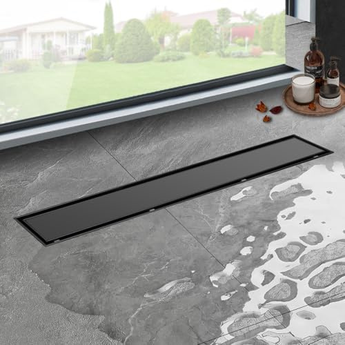 iYueMps Duschrinne 40cm Extra Flach Edelstahl Duschrinne Befliesbar 2 in 1 | Schwarz,Bodenabfluss Dusche Komplettset,Siphon mit Geruchsstop und Haarsieb, 2-in-1 doppelseitig,Schnelle Entwässerung
