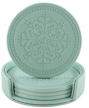 LISRSC Coasters Set of 4 - PU Leather Mat with Holder - Green Round Coasters for Drinks - Coffee Table Pads Set Gifts for Home,Bars,Cafes,Party,Office Decor
