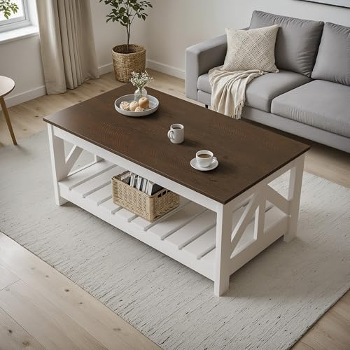 YESHOMY Farmhouse Coffee Table, Coffee Tables for Living Room, Farmhouse Square Coffee Table with Storage, Couch Table, Small Tables for Small Spaces, Brown and White