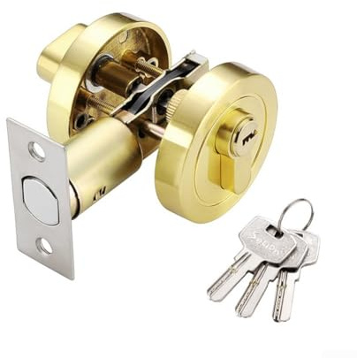 Honseadek Single Cylinder Deadbolt Round Security Door Lock with Key, Stainless Steel Deadbolt, Standard Size, Gold, Bathroom, Bedroom, Entrance Door Lock